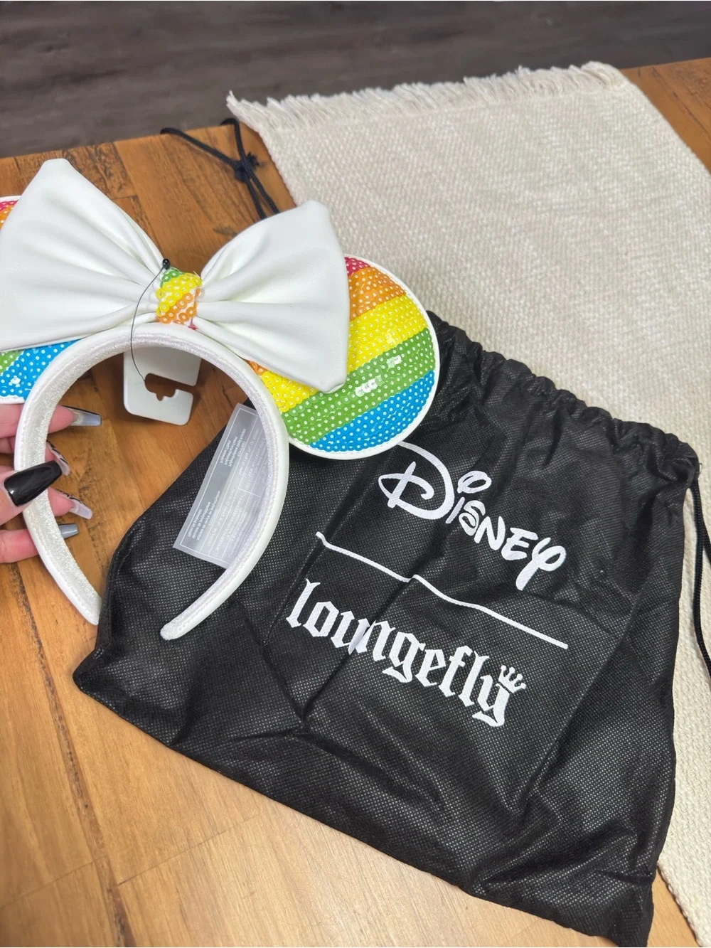 Loungefly White Mini Backpack with Rainbow Sequin Ears and Bow